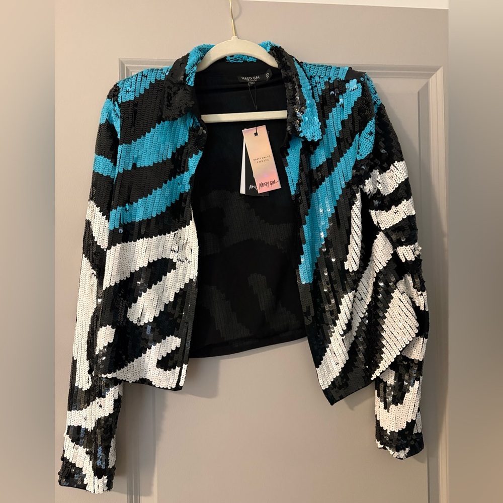 Nasty Gal Black, White, and Blue Sequin Jacket